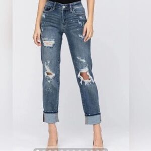 Judy Blue Distressed Boyfriend Fit Jeans Destroyed Bleach Spotted Stretch
